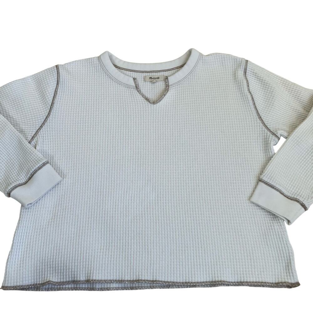 Madewell Sz M Boxy Cropped Waffle Knit Split Neck Long Sleeve Tee Antique Cream - Picture 7 of 16